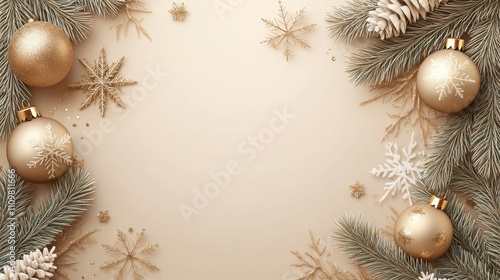 Elegant Holiday Background with Golden Ornaments and Pine Branches in a Festive Winter Theme, Perfect for Christmas Celebrations and Seasonal Greetings photo