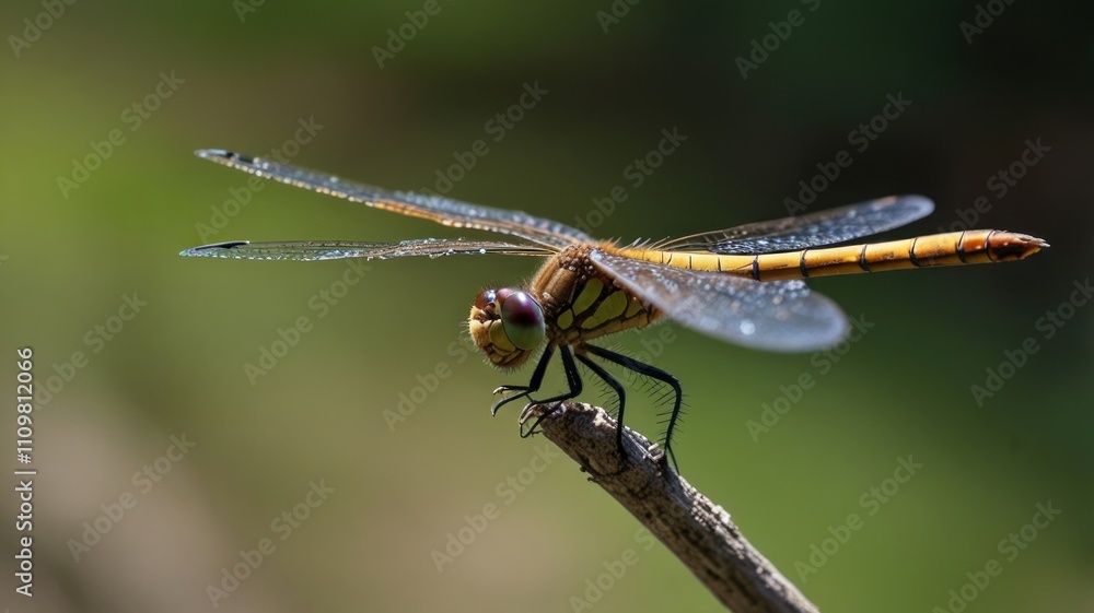 Yellow dragonfly perched on twig, close-up. Yellow dragonfly perched on twig, close-up.