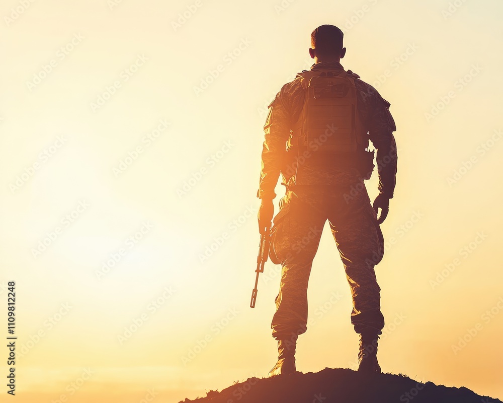 A soldier standing on top of the hill with an American flag in his hand against a sky background, an American national day concept. A soldier standing on top of the hill with an American flag in his hand against a sky background, an American national day concept.
