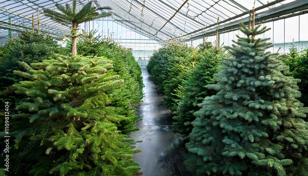 row of fresh christmas trees in a greenhouse row of fresh christmas trees in a greenhouse
