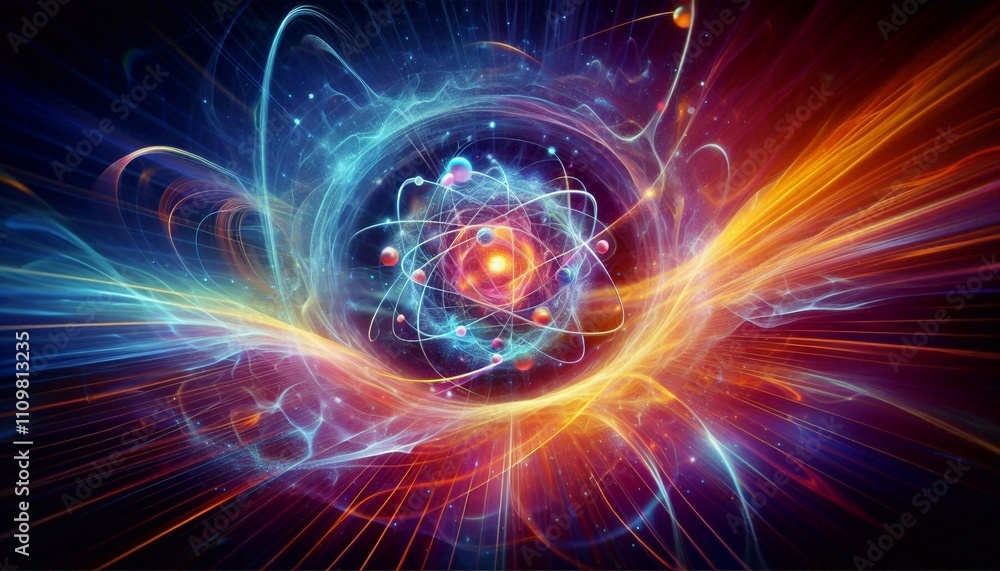 Wide-angle glowing depiction of an atom with swirling energy and particles, symbolizing atomic and quantum science Wide-angle glowing depiction of an atom with swirling energy and particles, symbolizing atomic and quantum science