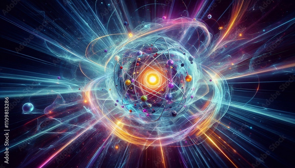Wide-angle glowing depiction of an atom with swirling energy and particles, symbolizing atomic and quantum science Wide-angle glowing depiction of an atom with swirling energy and particles, symbolizing atomic and quantum science