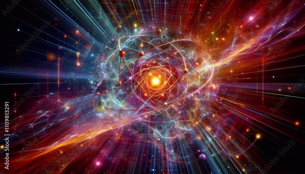 Fototapeta premium Wide-angle glowing depiction of an atom with swirling energy and particles, symbolizing atomic and quantum science