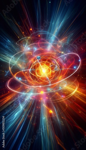 Wide-angle glowing depiction of an atom with swirling energy and particles, symbolizing atomic and quantum science