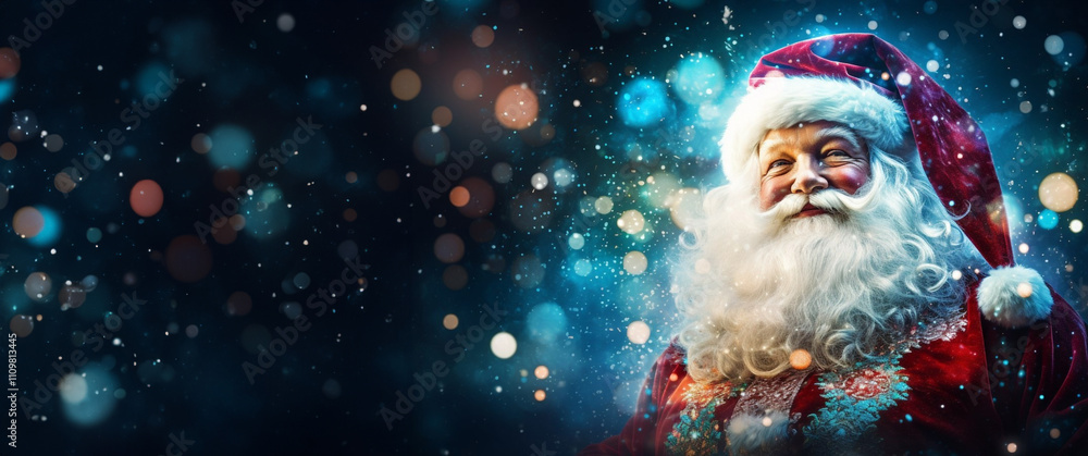 Santa Claus in a festive winter scene with snow, sparkling lights, magical bokeh background. for Christmas, holidays, and celebrations, radiating warmth, joy, and holiday spirit. Christmas banner
