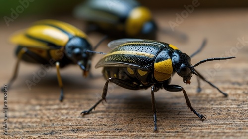 Close-up of three yellow-striped beetles on wood.