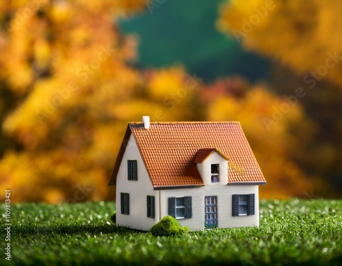 Wallpaper Mural miniature house on green grass with autumn trees in the background Torontodigital.ca