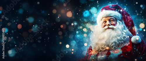 Obraz na płótnie Santa Claus in a festive winter scene with snow, sparkling lights, magical bokeh background. for Christmas, holidays, and celebrations, radiating warmth, joy, and holiday spirit. Christmas banner w salonie