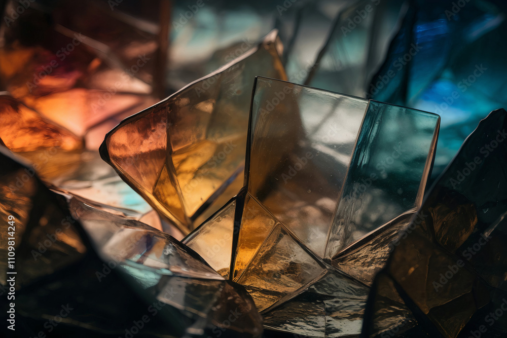 Shattered Glass Pieces Reflecting Light in Vibrant Hues Create an Artistic Display on a Dark Background Shattered Glass Pieces Reflecting Light in Vibrant Hues Create an Artistic Display on a Dark Background