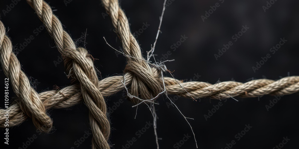 A close-up photo of a frayed rope under intense pressure, showing signs of stress and potential breakage, worn-down, damage A close-up photo of a frayed rope under intense pressure, showing signs of stress and potential breakage, worn-down, damage