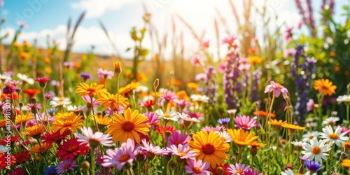 A vibrant field filled with yellow dandelions under a clear blue sky, floral, day, colorful