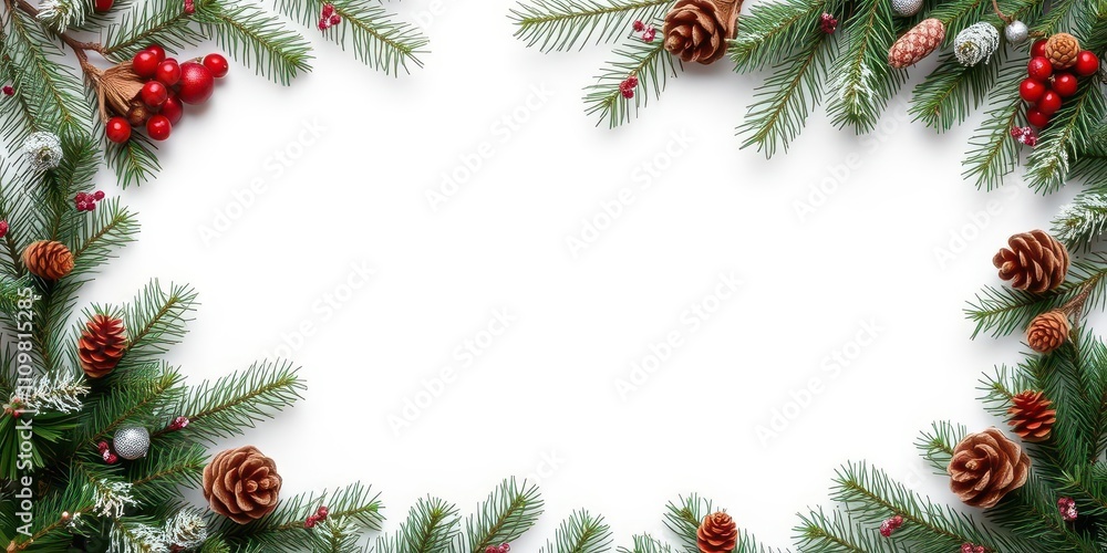 Christmas border featuring lush fir branches and rustic pine cones, festive, winter, fir branches Christmas border featuring lush fir branches and rustic pine cones, festive, winter, fir branches