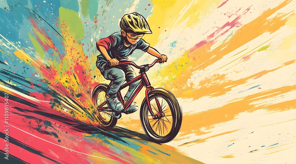 Fototapeta premium Young Boy Riding Bicycle Through Colorful Abstract Background