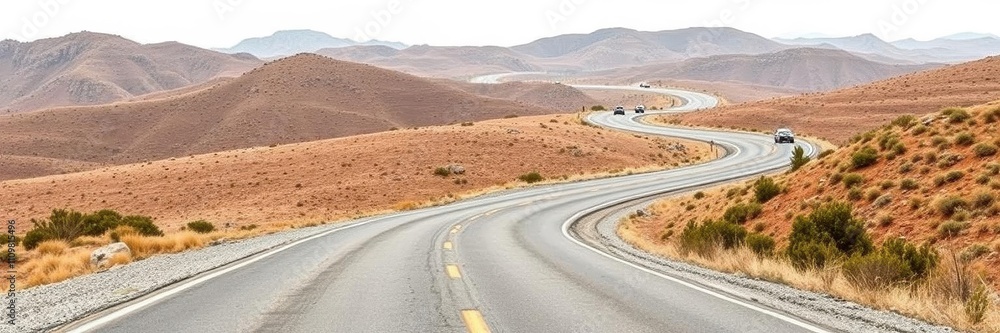 Curving asphalt road leading into the distance against a white backdrop, travel concept, journey, empty road Curving asphalt road leading into the distance against a white backdrop, travel concept, journey, empty road
