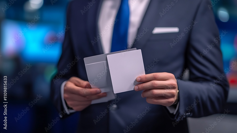 Businessman holding blank cards, showcasing presentation, planning, or marketing concept. Businessman holding blank cards, showcasing presentation, planning, or marketing concept.