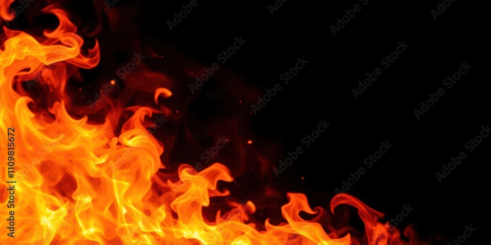 Dynamic fire flames in various shades of red and orange dancing against a dramatic black background, flames, motion, background Dynamic fire flames in various shades of red and orange dancing against a dramatic black background, flames, motion, background