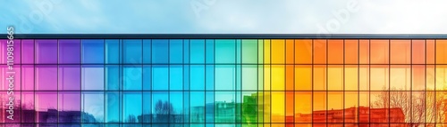 Vibrant facade with a gradient of colorful glass panels, blending seamlessly into the cityscape