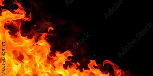 Dynamic fire flames in various shades of red and orange dancing against a dramatic black background, flames, motion, background