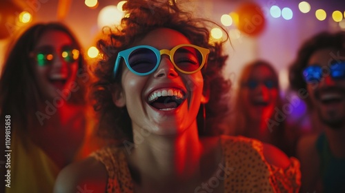 Happy woman laughing with friends at party.