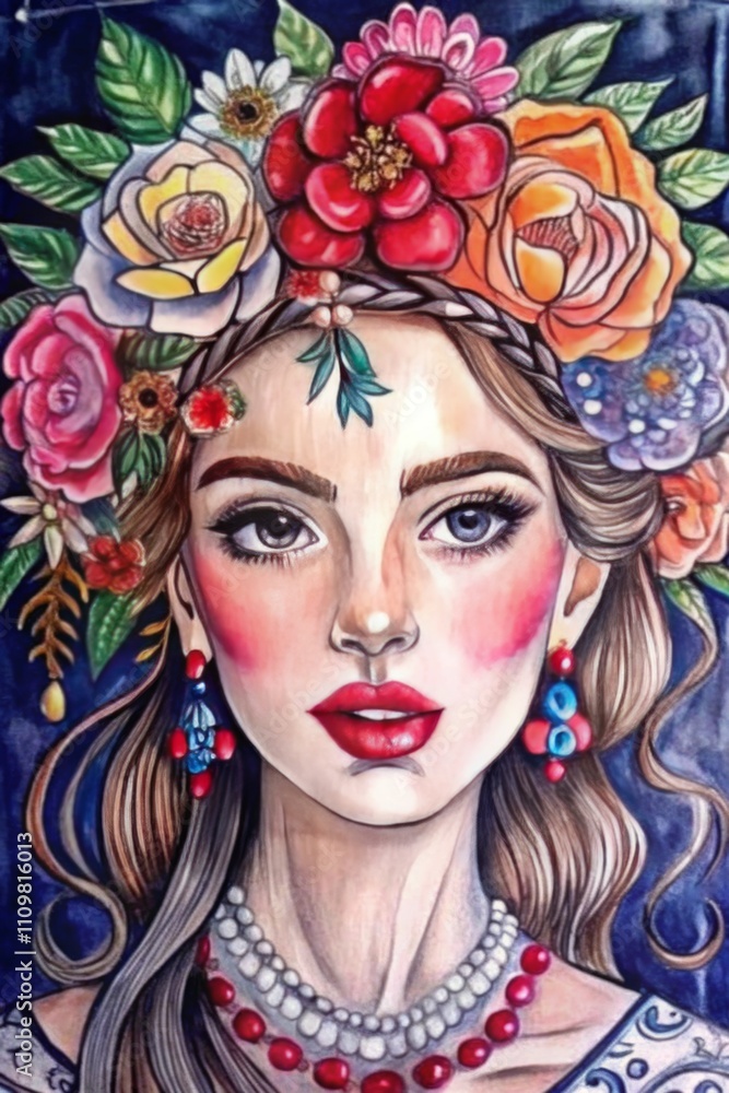 A vibrant artistic portrait of a woman adorned with a colorful floral crown. Her bold red lips, piercing blue eyes, and intricate striped attire reflect elegance and creativity. Ideal for fashion, bea A vibrant artistic portrait of a woman adorned with a colorful floral crown. Her bold red lips, piercing blue eyes, and intricate striped attire reflect elegance and creativity. Ideal for fashion, bea