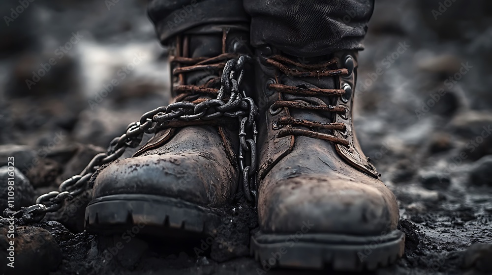 Close-up of muddy boots chained together on dark ground.
