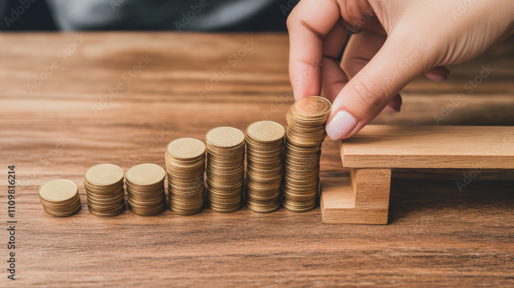 Stacked coins forming staircase with hand adding more. Stacked coins forming staircase with hand adding more.