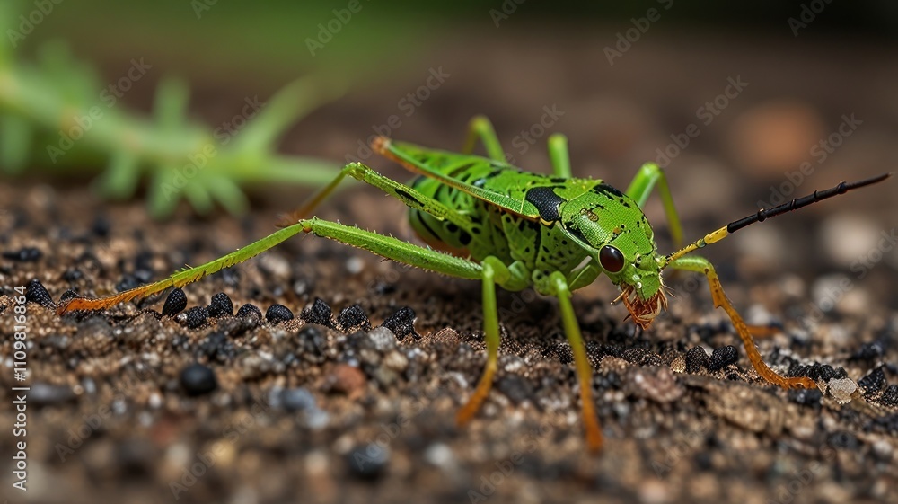 Close-up of a vibrant green katydid with orange legs on dark ground. Close-up of a vibrant green katydid with orange legs on dark ground.