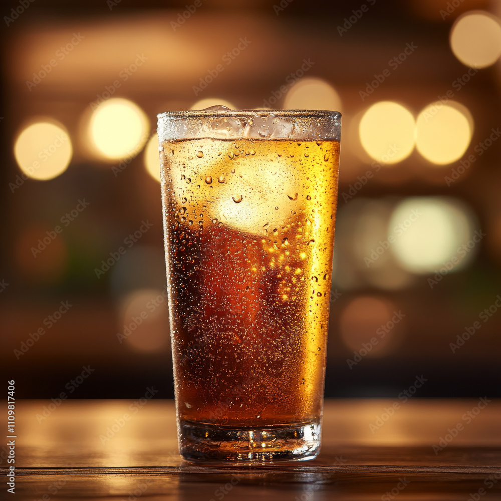 Chilled glass of iced beverage with condensation on wooden table. Chilled glass of iced beverage with condensation on wooden table.