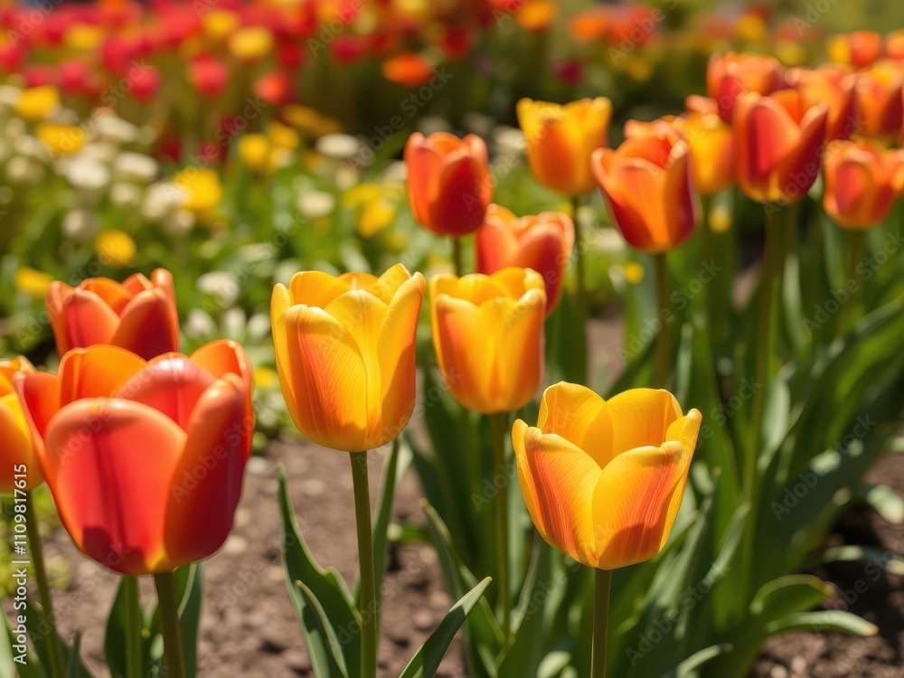 Vibrant line of yellow tulips in full bloom stretching across a field, outdoors, flowers Vibrant line of yellow tulips in full bloom stretching across a field, outdoors, flowers