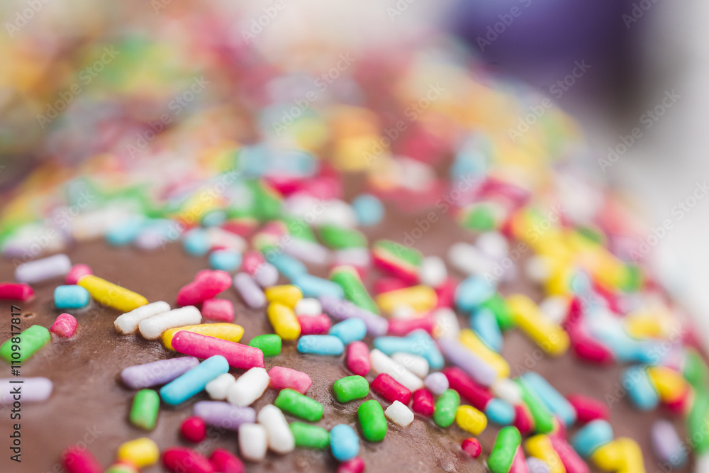 Close up shot of colorful sprinkles on chocolate topping on a traditional Gugelhupf cake Close up shot of colorful sprinkles on chocolate topping on a traditional Gugelhupf cake