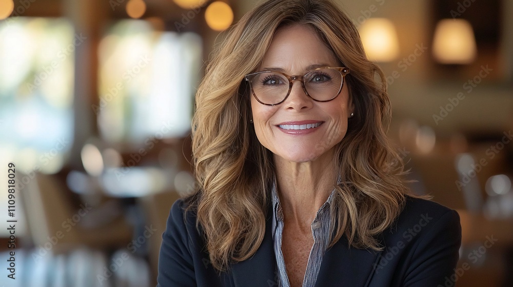 Smiling mature woman in glasses, professional business attire, restaurant setting. Smiling mature woman in glasses, professional business attire, restaurant setting.