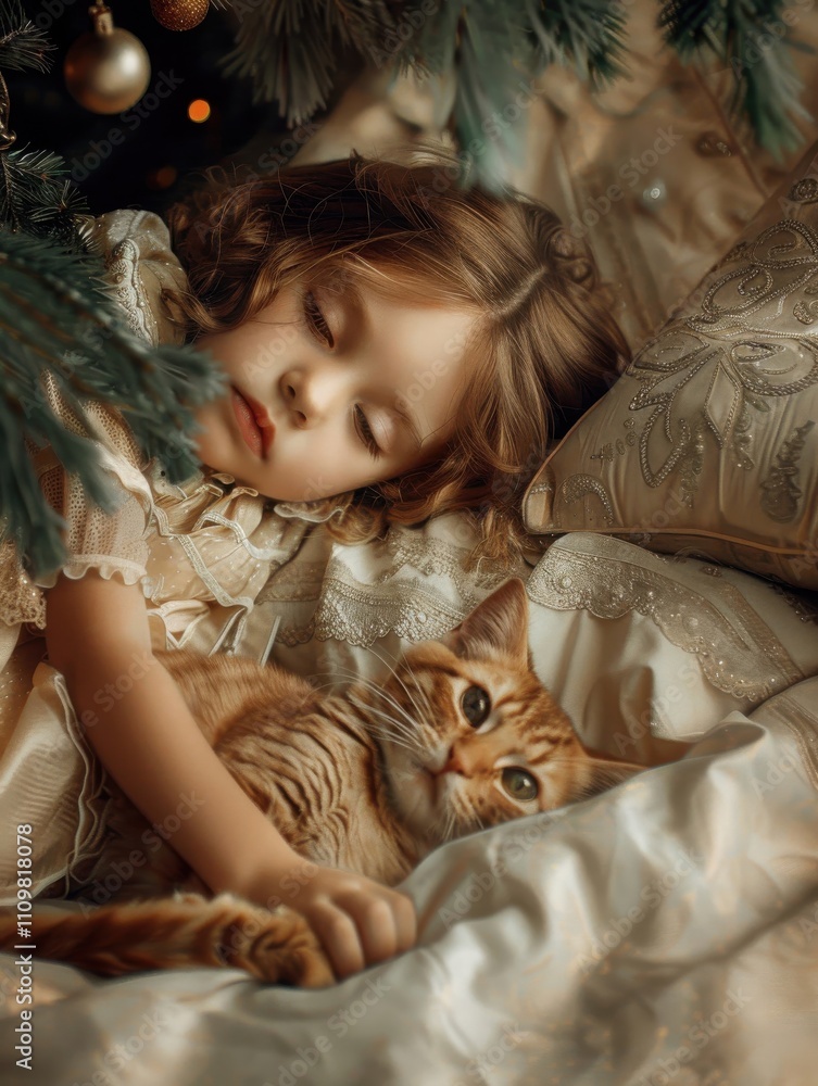 Little girl peacefully resting with her cat under a beautifully decorated Christmas tree Little girl peacefully resting with her cat under a beautifully decorated Christmas tree