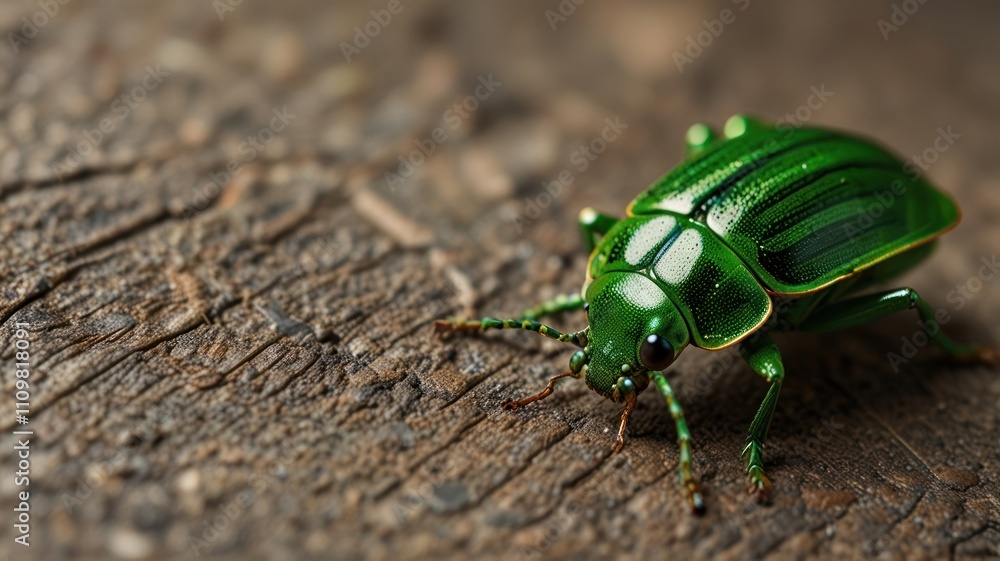 Close-up of a vibrant green beetle on dark wood. Close-up of a vibrant green beetle on dark wood.