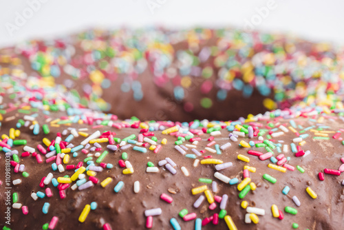 Traditional Gugelhupf cake with chocolate topping and colorful sprinkles photo