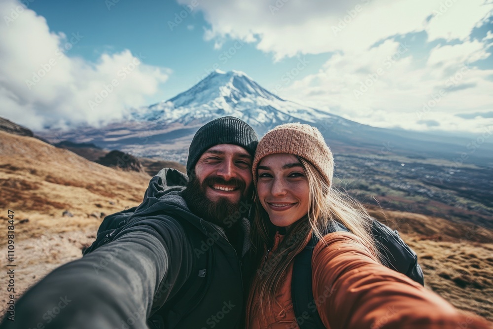 Hikers taking selfie with majestic volcano in background Hikers taking selfie with majestic volcano in background