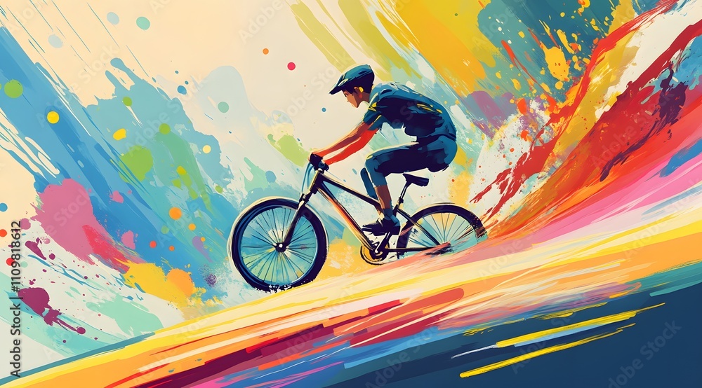 Fototapeta premium Cyclist Riding Mountain Bike Through Colorful Abstract Landscape