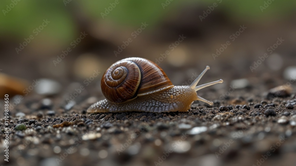 Close-up of a small brown snail crawling on dark soil. Close-up of a small brown snail crawling on dark soil.