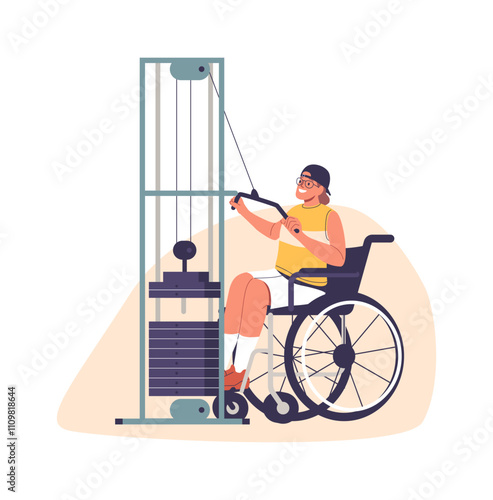 Cartoon man with special needs sitting in wheelchair lifting weights training in workout room