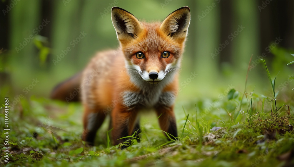 A close-up photo of a fox cub standing on a patch of grass in a forest clearing. The fox has a reddi A close-up photo of a fox cub standing on a patch of grass in a forest clearing. The fox has a reddi