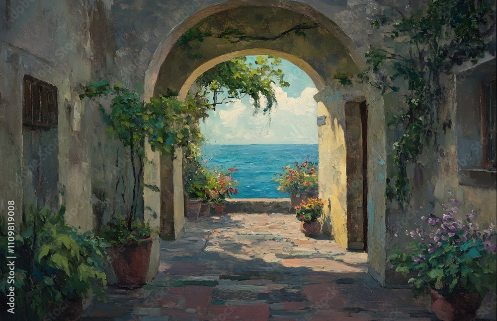Fototapeta premium Mediterranean Archway View Seascape Coastal Scene