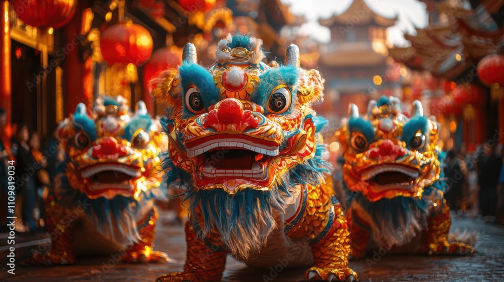 The image features colorful traditional Chinese dragon sculptures, set in a festive street adorned with lanterns. It captures the essence of cultural celebration. The image features colorful traditional Chinese dragon sculptures, set in a festive street adorned with lanterns. It captures the essence of cultural celebration.