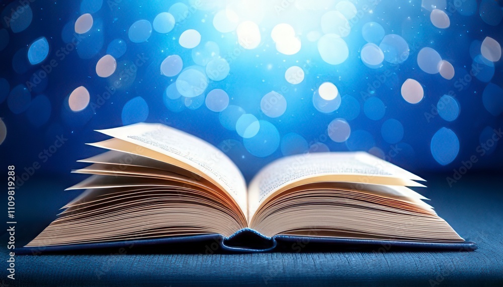 Open book with blue blurry background. Generated image