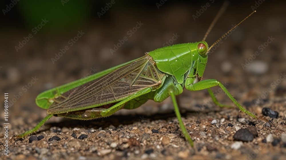 Close-up of a vibrant green katydid on the ground. Close-up of a vibrant green katydid on the ground.
