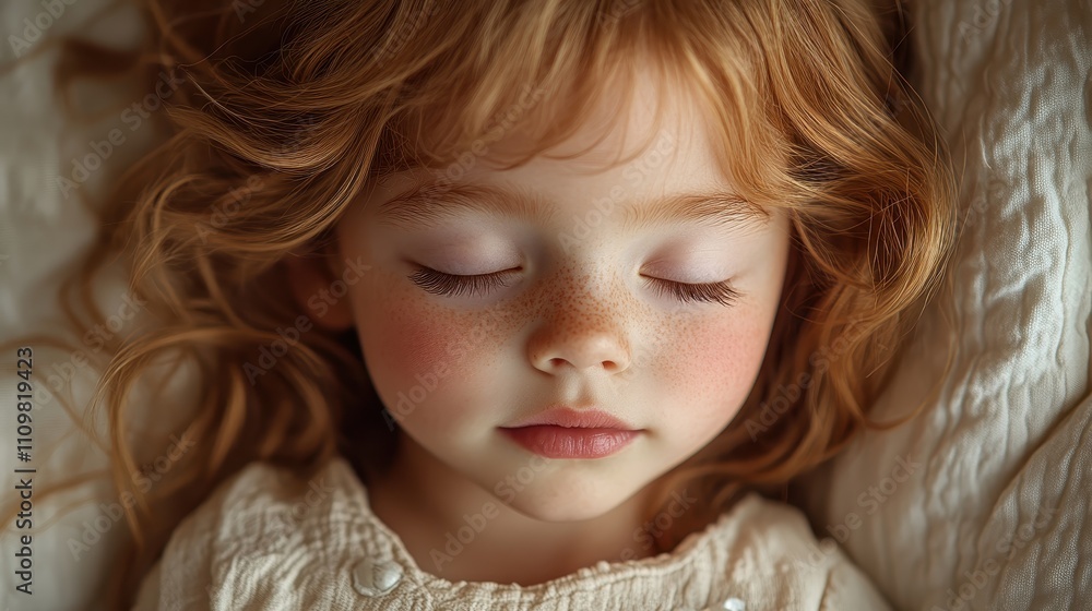 Close-up of a little girl sleeping peacefully with a smile in a cozy setting