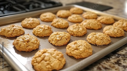 Golden brown cookies freshly baked on a baking sheet.