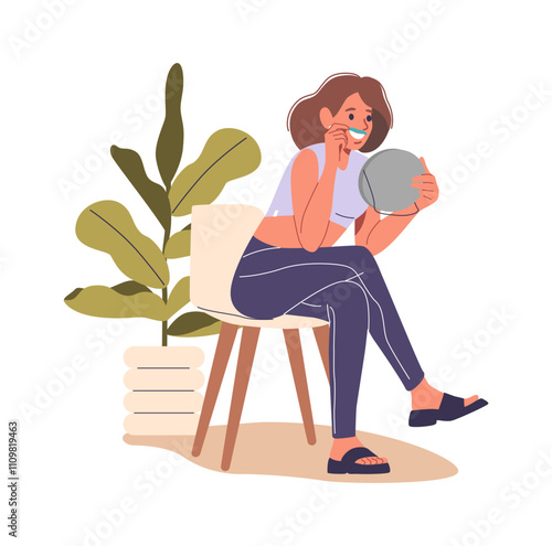 Woman removing excessive hair growth above upper lip applying wax strip isolated cartoon scene