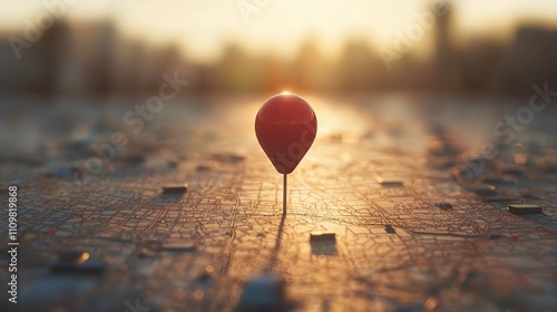 Red map pin on aged map at sunrise over city.