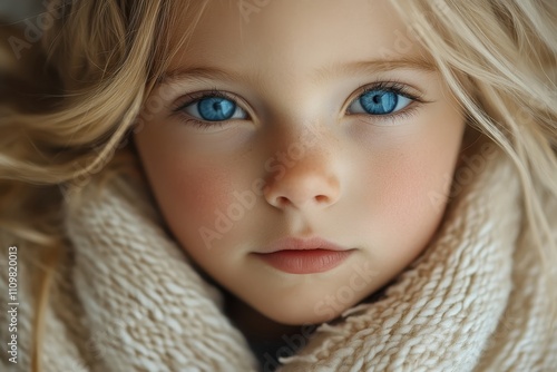 Beautiful child with bright blue eyes wrapped in a cozy scarf in a soft natural setting