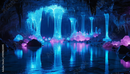 A dark underground cave illuminated by neon veins of glowing minerals in colors of electric blue and photo