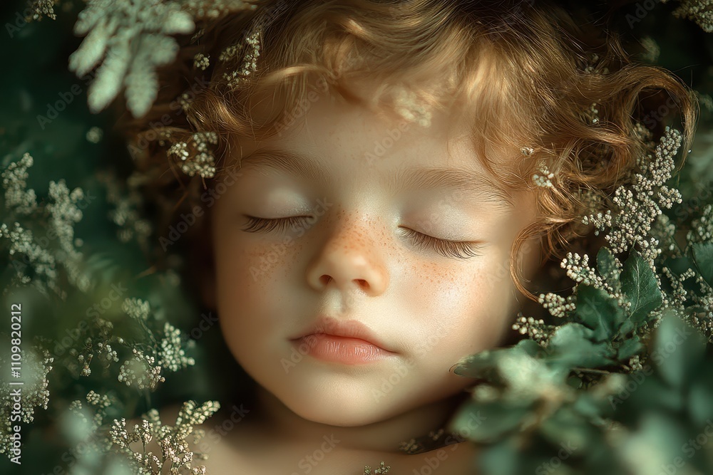 Child peacefully sleeping inside a greenish-white cabbage surrounded by soft foliage Child peacefully sleeping inside a greenish-white cabbage surrounded by soft foliage